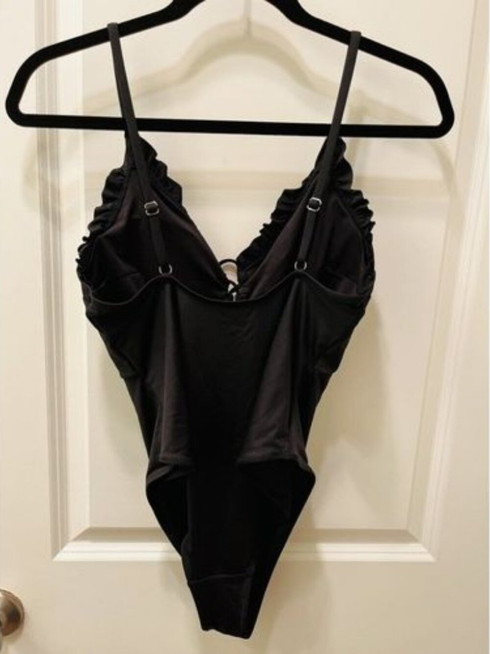 H & M Black French Cut Swimsuit / Bodysuit Womens Size M One Piece Ruffle V-Neck - Picture 5 of 7